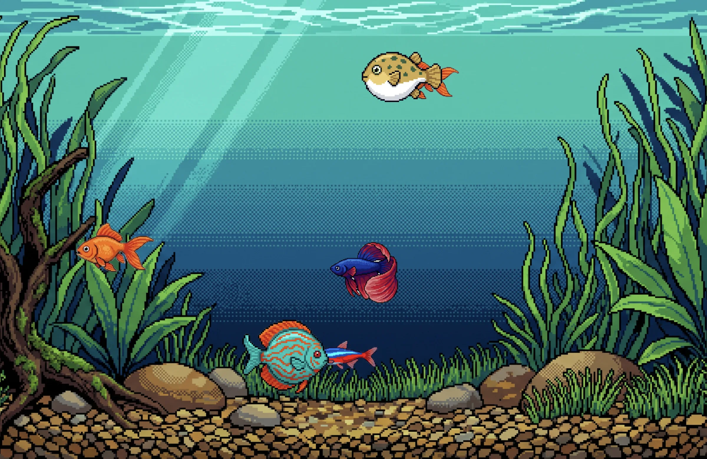 Fish Tank: a goldfish, betta, pufferfish, discus and neon tetra in a pixel-art aquarium