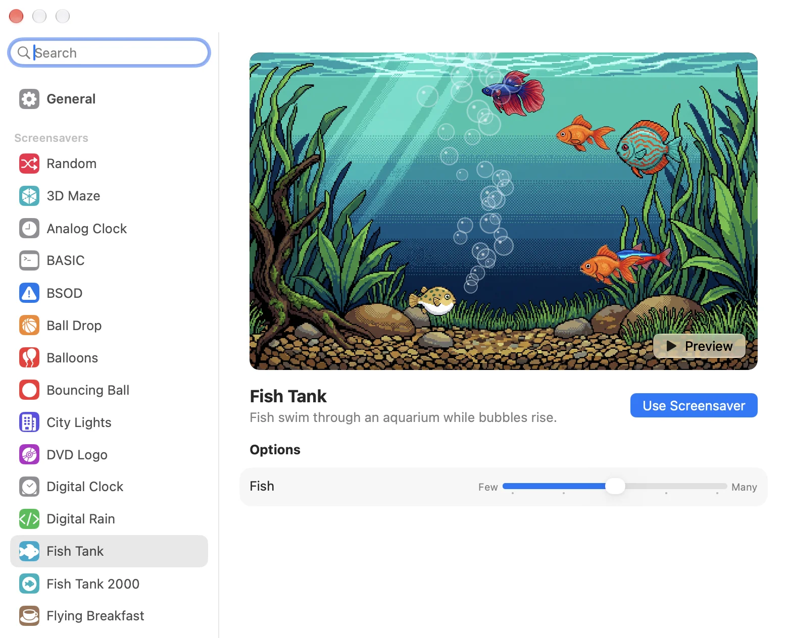 ScreenDream Settings with Fish Tank selected, a live preview, and a Fish slider