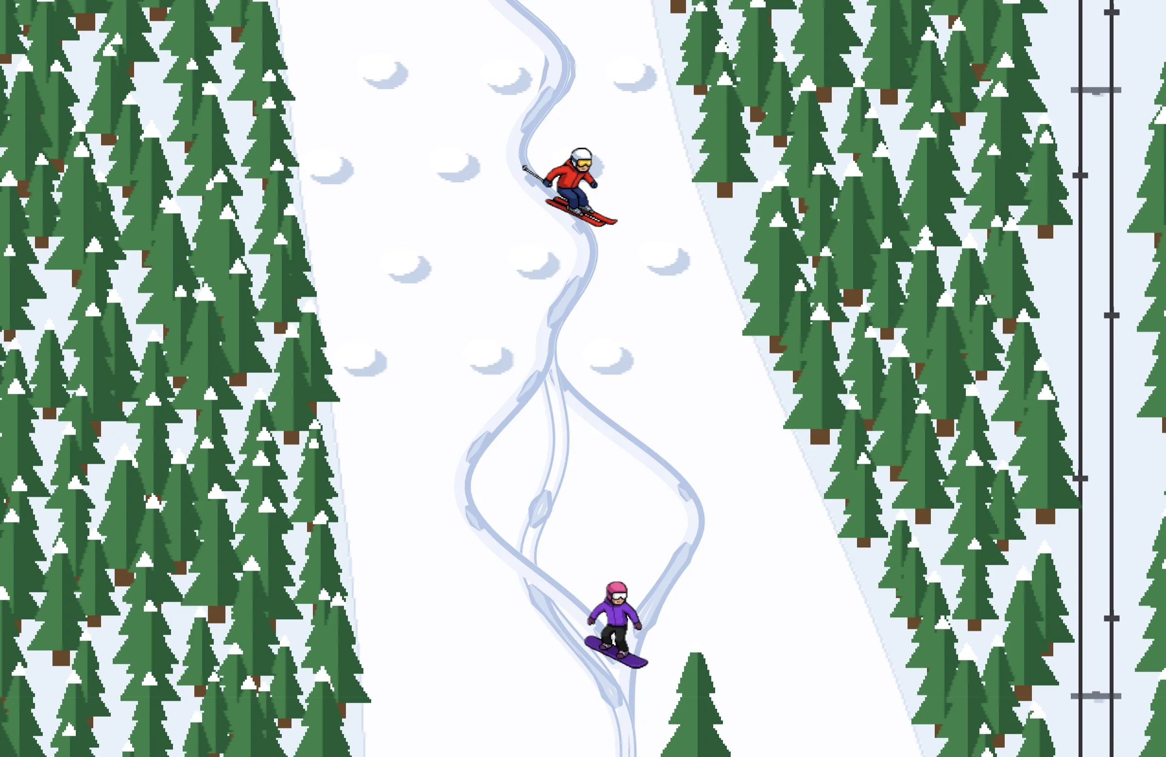 Slopestyle: a pixel-art skier and snowboarder carving down a snowy run between pine trees